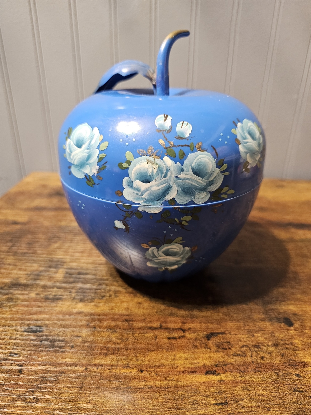 Hand-Painted Blue Apple Trinket Box with Floral Roses